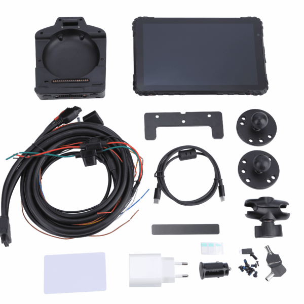 TB-MDT865 widok akcesoriów: stacji dokującej, ładowarki, uchwytu samochodowego i innych